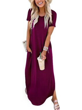 Women's Purple Summer Maxi Dress Short Sleeve Casual Split Beach Long T Shirt